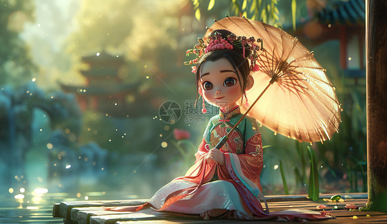 坐在湖畔手拿着伞开心笑的古风卡通女孩在欣赏风景图片