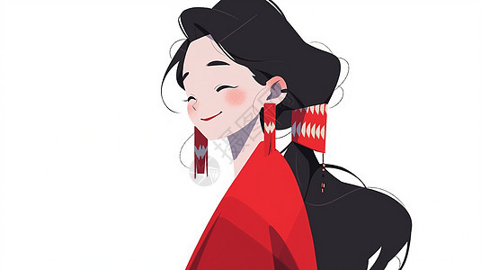 黑色长发面带微笑的扁平风卡通女孩穿着红色外套图片