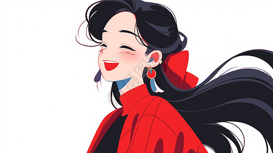 扁平风开心笑的卡通女孩穿着红色喜庆的衣服图片