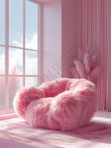 放在落地窗旁粉色毛茸茸可爱的卡通沙发图片