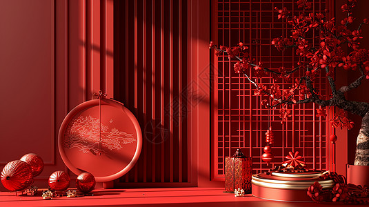 红色X展架新年喜庆的中国风复古时尚红色卡通背景插画