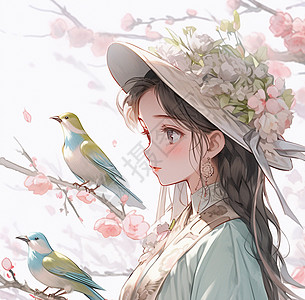 头戴花朵帽子站在桃树下看着小鸟古风卡通女孩图片
