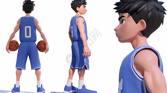 手拿着篮球的立体卡通男青年多视角图片