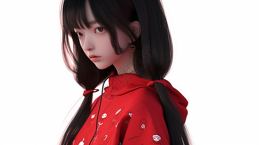 穿着喜庆的红色卫衣黑色长发小清新漂亮的卡通女孩图片