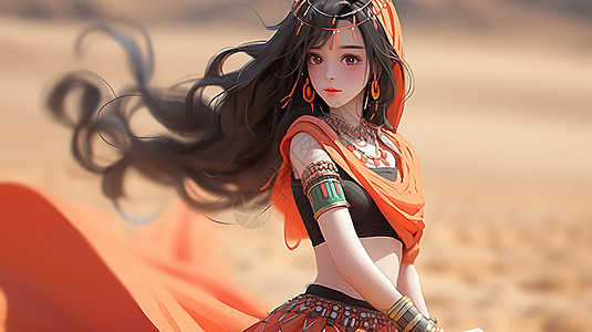一头飘逸长发在沙漠中的卡通女孩背景图片