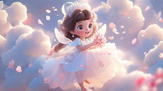 穿着白色公主裙的可爱卡通小女孩图片