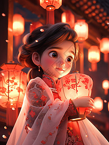 夜晚在参加灯会的古风装扮卡通小女孩抱着大大的灯笼图片