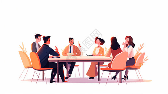 红色会议背景坐在会议桌前认真开会的卡通商务人士插画