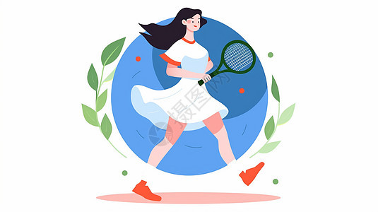 穿白色运动裙子的扁平风卡通女孩在打羽毛球图片
