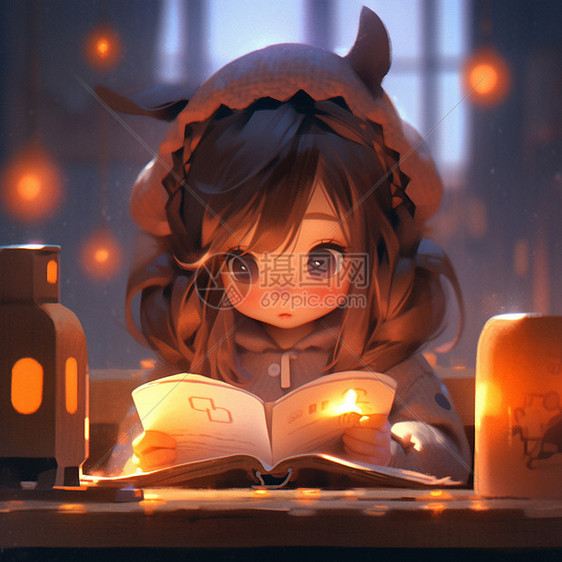 夜晚在乎烛光下看书的可爱卡通小女孩图片