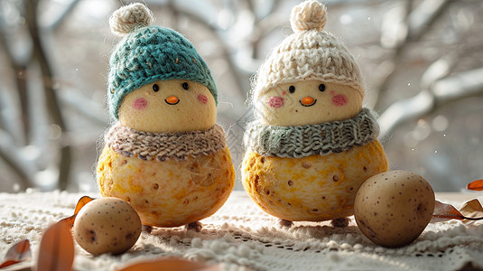 戴着毛线帽和围巾冬天站在户外的可爱卡通小土豆图片