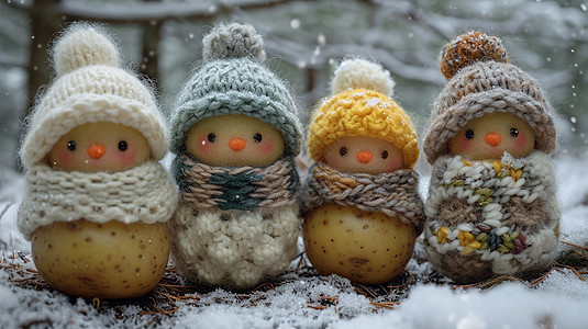 一排站在雪地中围着围巾戴着毛线帽可爱的卡通小土豆图片