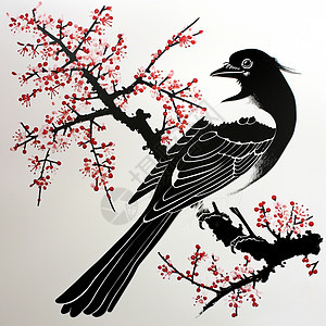 在梅花枝头上休息的喜鹊鸟中国风插画图片