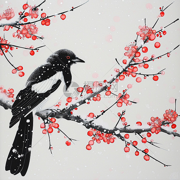 中国风喜庆的梅花与一只喜鹊鸟在大雪中图片