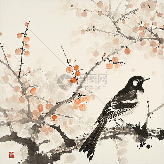 中国风水墨画一只小小的卡通喜鹊落在树枝上图片
