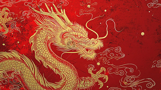 春节喜庆的红色背景上一条金色卡通龙年图案图片
