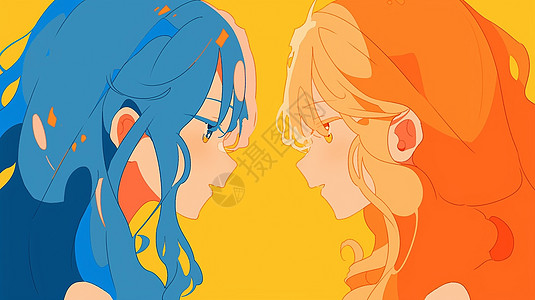 蓝色长发与橙色长发扁平风卡通女孩在面对面说话图片