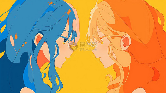 蓝色长发与橙色长发扁平风卡通女孩在面对面说话图片