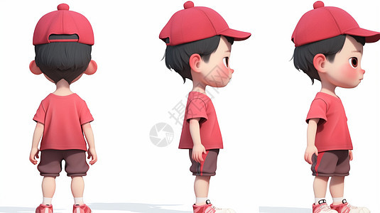 戴着红色棒球帽的卡通小男孩多视角卡通形象图片