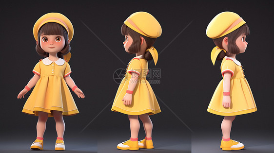穿着黄色裙裙子戴着帽子的可爱卡通小女孩多视角图片