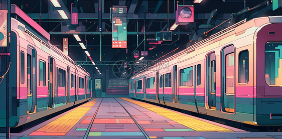 在车站的两辆粉色卡通地铁图片