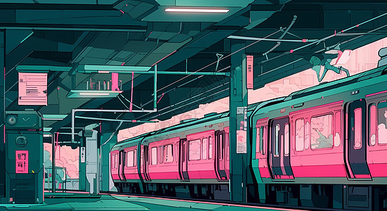 在地铁车站的粉色条纹卡通地铁图片