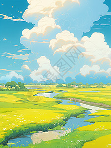 蓝天绿草嫩绿色野外草地上一条小溪蓝蓝的天空下高高的云朵唯美卡通风景插画