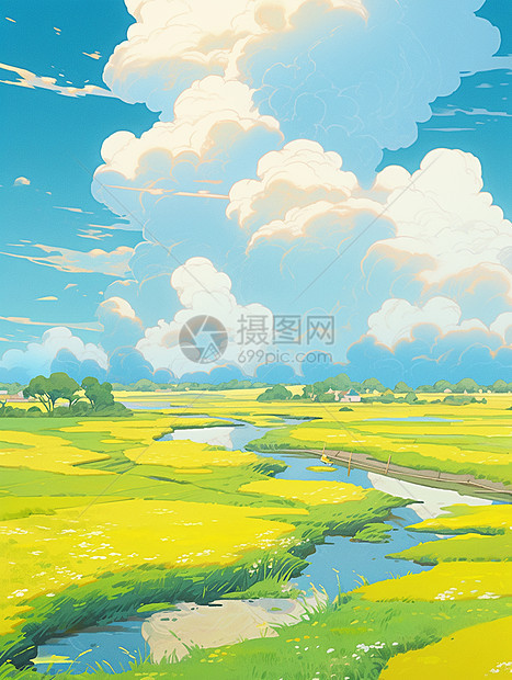 嫩绿色野外草地上一条小溪蓝蓝的天空下高高的云朵唯美卡通风景图片