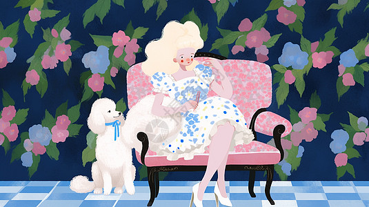 坐在粉色碎花沙发上的卡通女孩与坐在一旁的卡通宠物狗图片