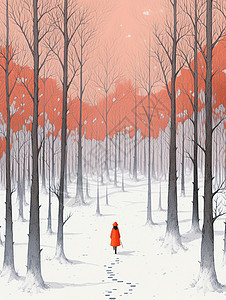 冬天傍晚走在森林雪地中的卡通人物背影图片
