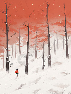 一个小小的卡通人物走在森林雪地中唯美梦幻卡通风景背景图片