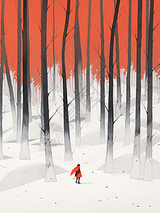 高高的树林中一个小小的卡通人物背影唯美插画图片