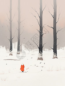 冬天走在雪地中向森林深处的卡通人物背影图片
