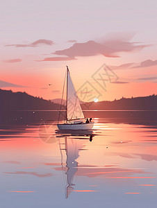 傍晚停在湖面上的一艘小帆船图片