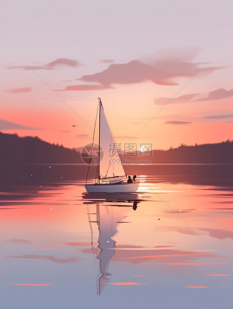 傍晚停在湖面上的一艘小帆船图片
