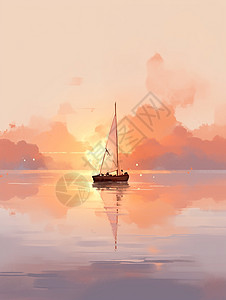 傍晚一艘小小的帆船停在湖面上图片