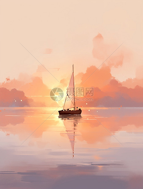 傍晚一艘小小的帆船停在湖面上图片