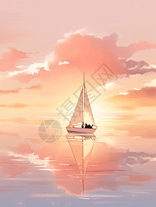 唯美安静的湖面上一艘小小的帆船卡通风景图片