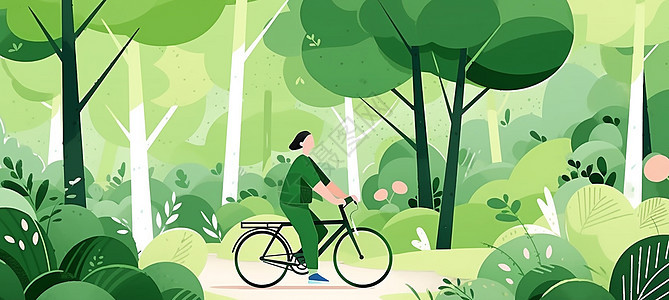 在户外森林中骑行车的扁平风卡通人物图片