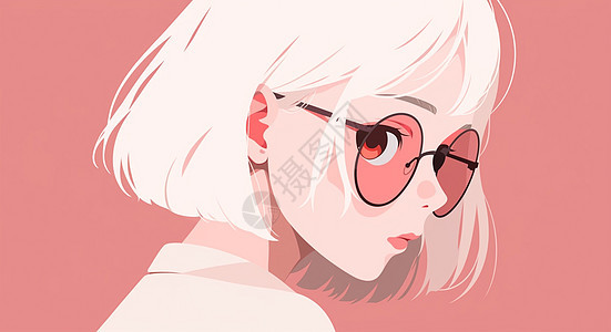 戴着粉色透明眼镜的时尚短发卡通女孩图片