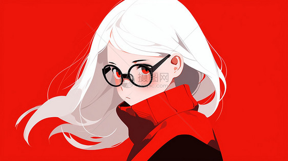 红色背景戴着黑框眼镜的穿着红色毛衣的时尚卡通女孩图片