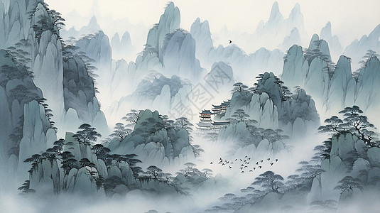 云雾缭绕的山峰上一座古风卡通建筑唯美卡通中国画图片