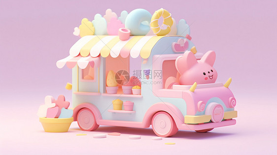 粉色可爱的立体卡通冰激凌车图片