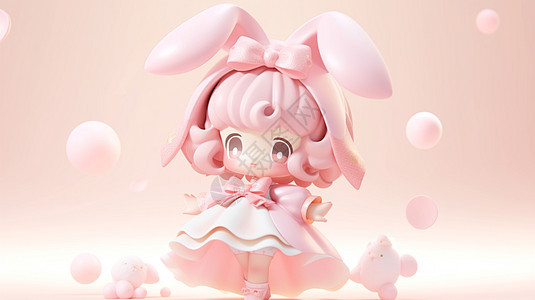 戴着粉色兔耳朵穿着蓬蓬裙的可爱卡通小女孩图片