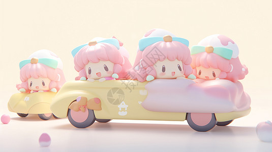 趴在小汽车上一排可爱的粉色头发卡通小女孩图片