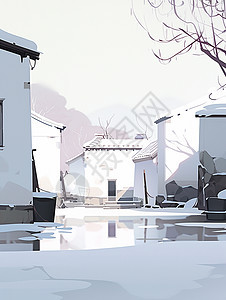 冬天雪后雪白色的房子与唯美的卡通村中街道景色图片