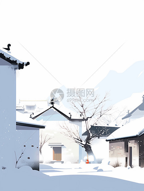 冬天大雪中唯美漂亮的卡通村庄扁平风卡通插画图片