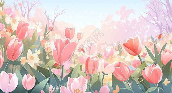 粉色美丽的卡通郁金香插画背景图片