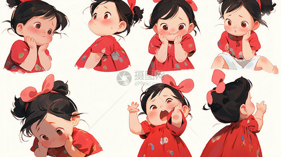 穿着红色裙子的可爱卡通小女孩各种动作与表情图片