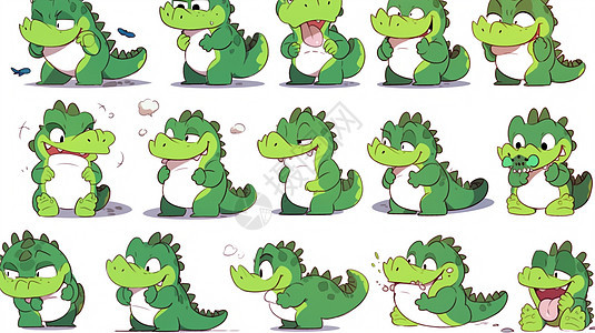 顽皮可爱的绿色卡通恐龙各种动作与表情图片
